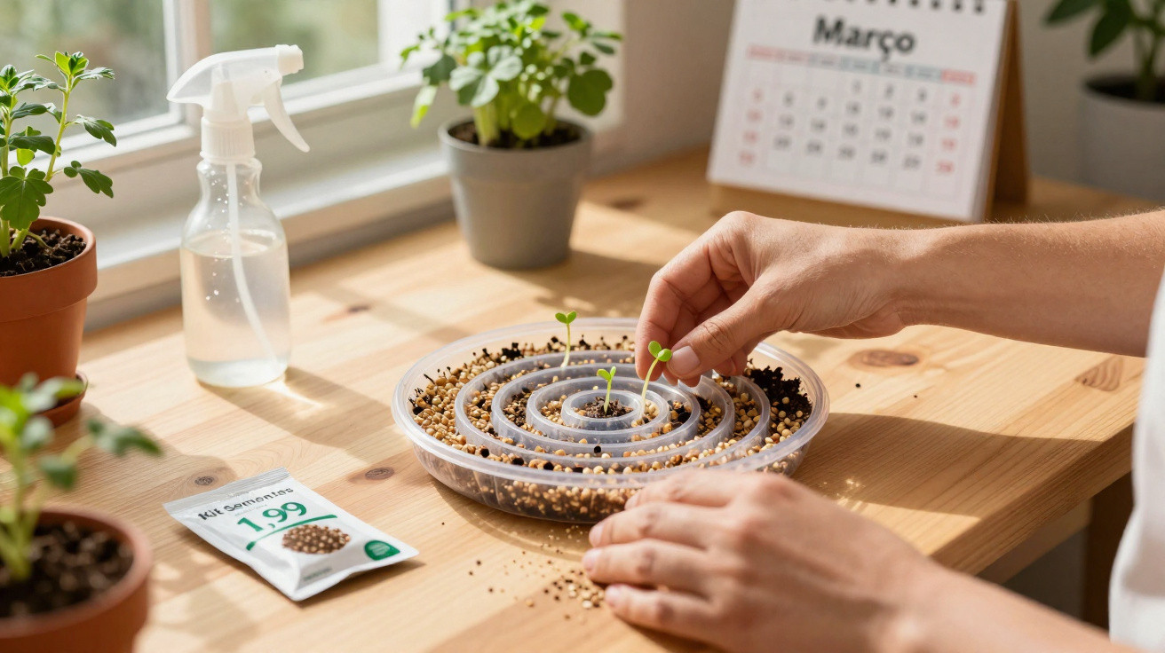 Hands planting seedlings in a spiral planter on a wooden table with potted plants and a calendar.