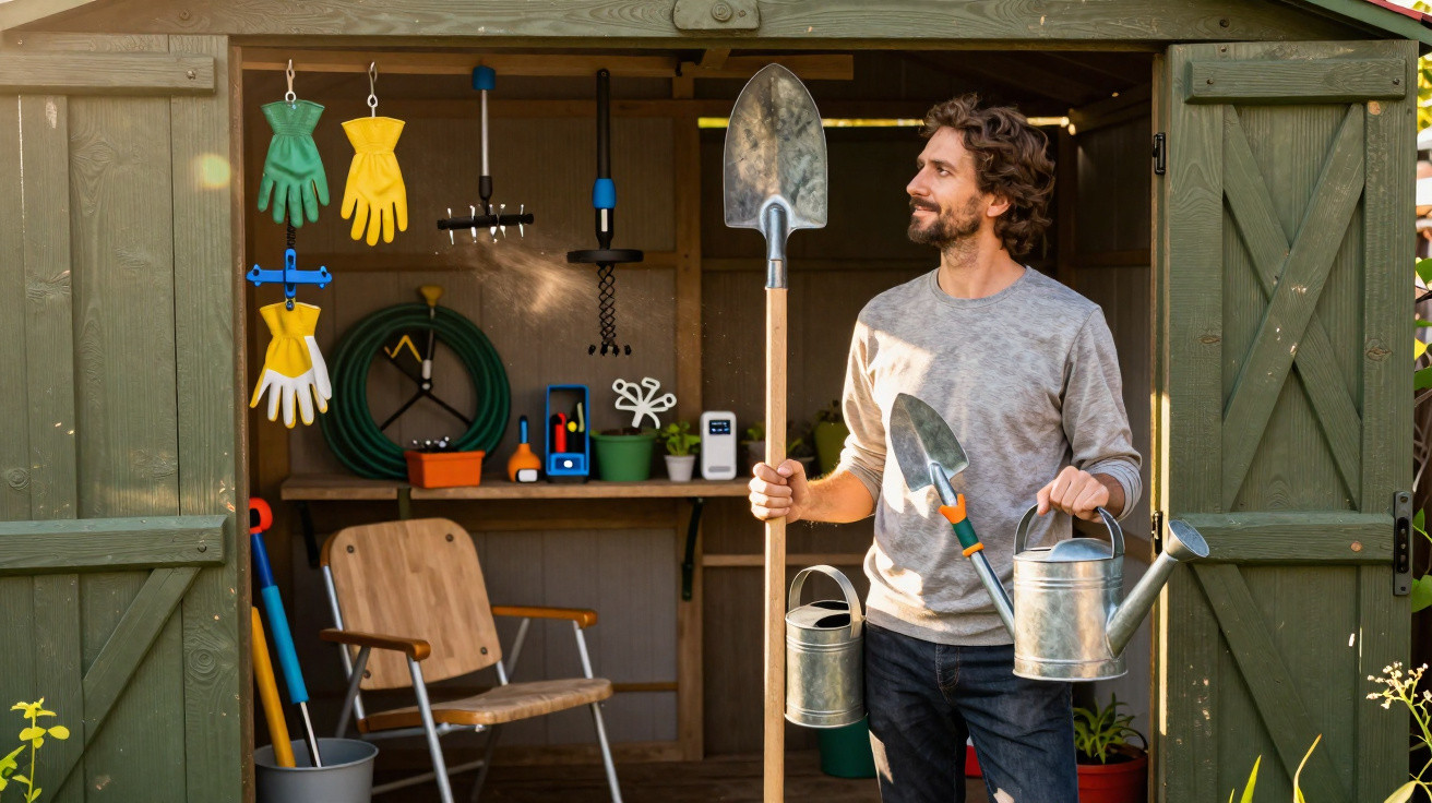 Man standing at garden shed holding a shovel, watering can, and small garden trowel.