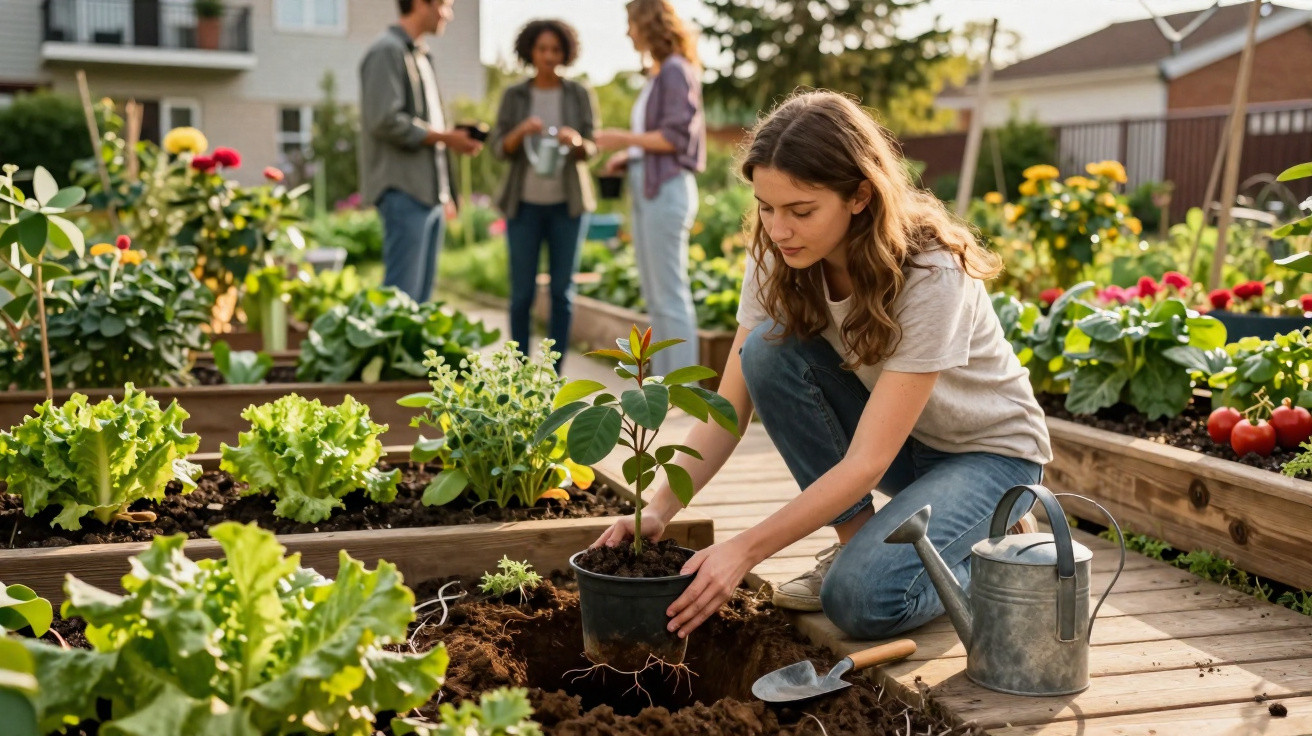 Young woman planting a seedling in a community garden with people talking in the background.