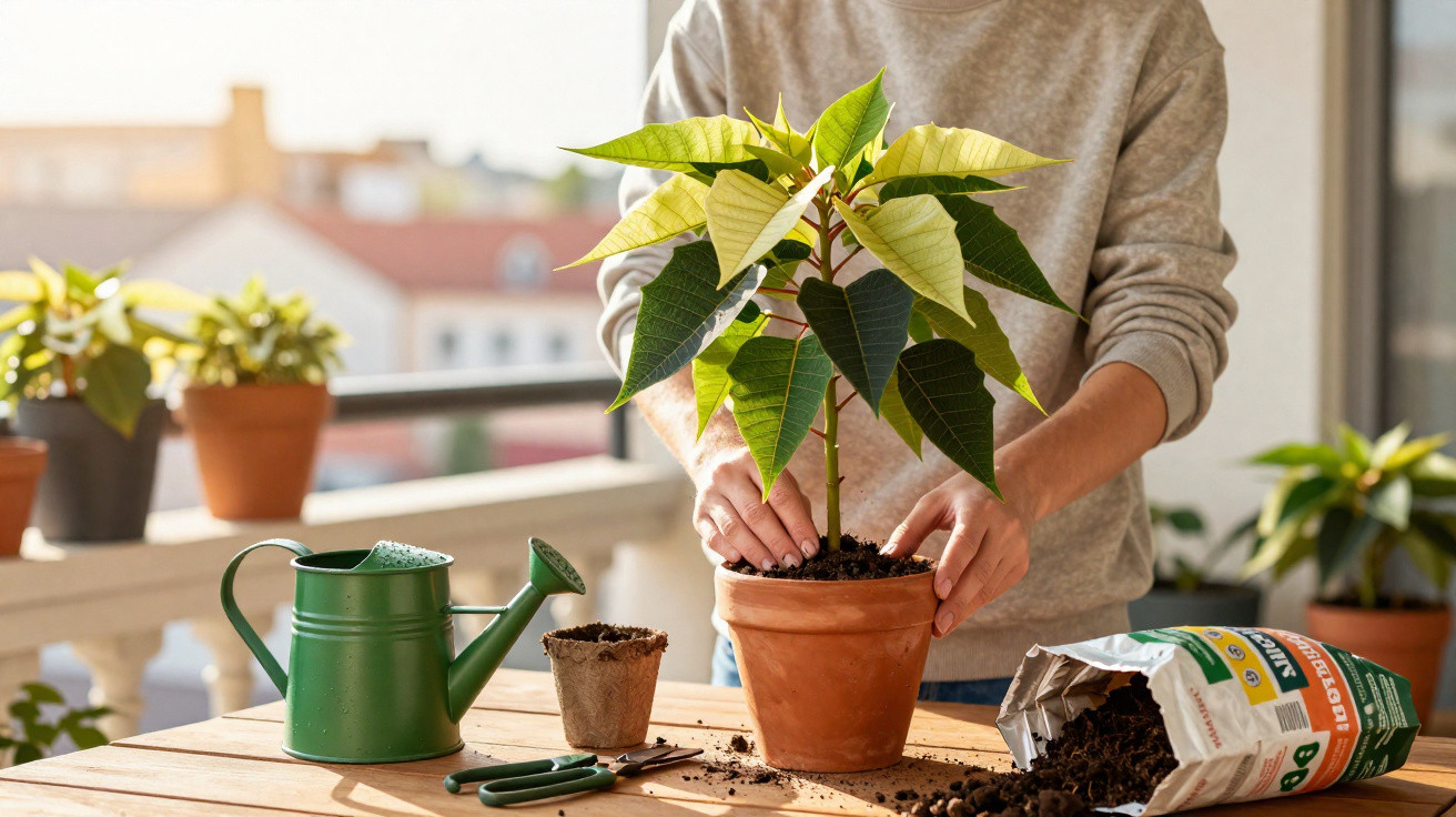 Person repotting a poinsettia plant on a wooden table with gardening tools and soil bag nearby.