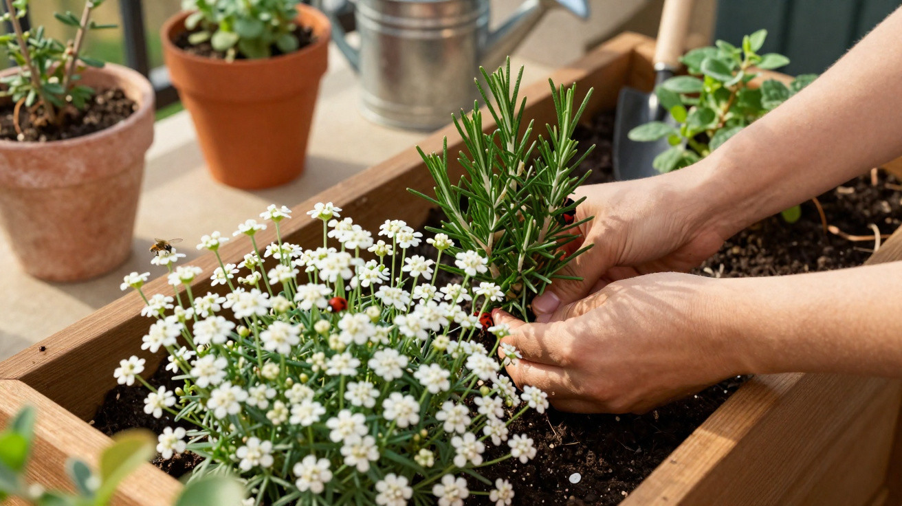 Hands planting a rosemary herb in a wooden planter box next to white flowering plants and potted herbs.