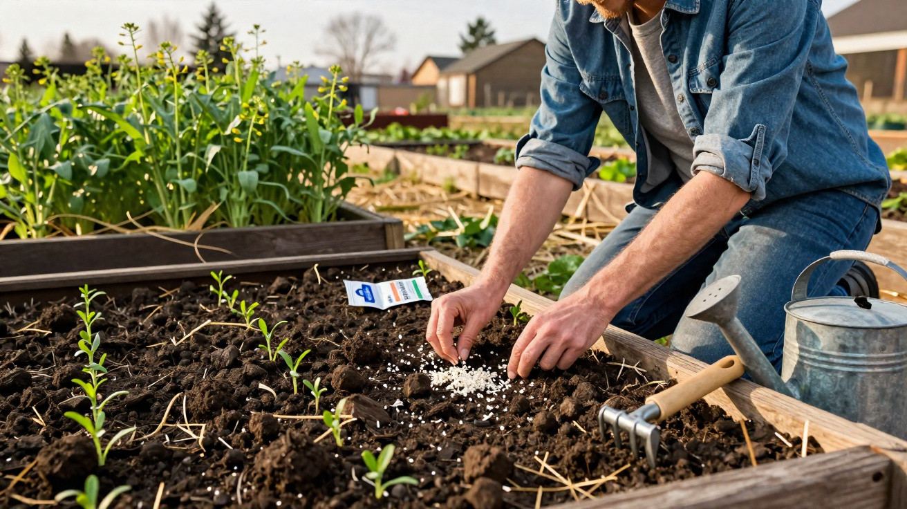 Person wearing denim planting seeds in raised garden bed with watering can and small rake nearby.