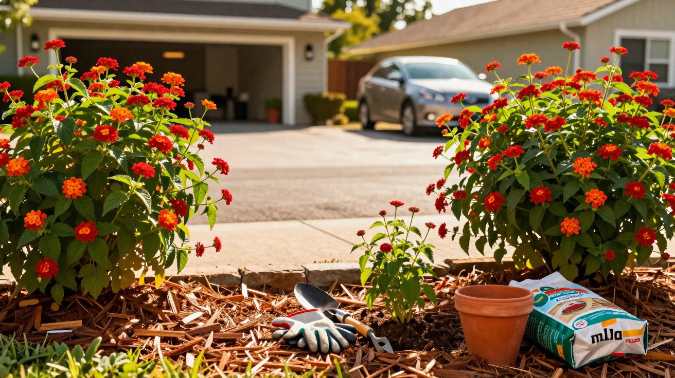 Flowering plants, gardening tools, pot, and soil bag in a front yard with driveway and a parked car.