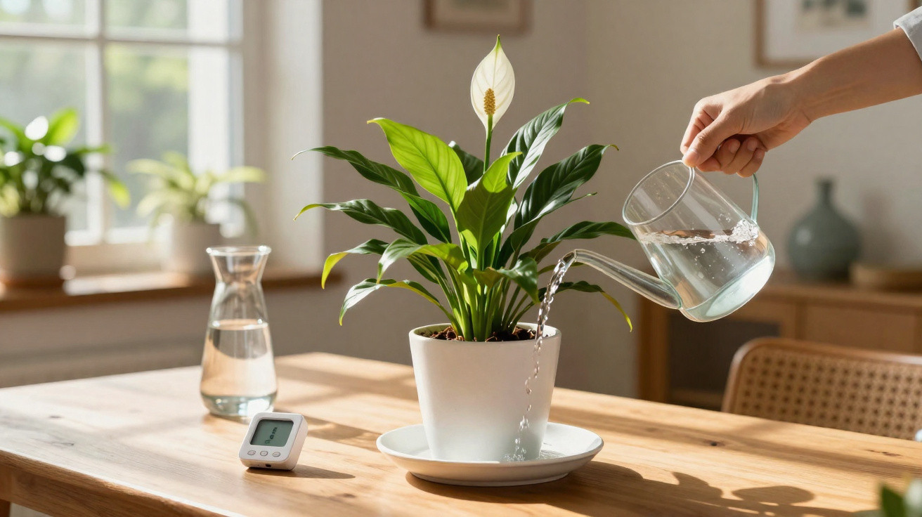 Hand pouring water from a glass watering can onto a peace lily plant on a wooden table next to a thermostat.