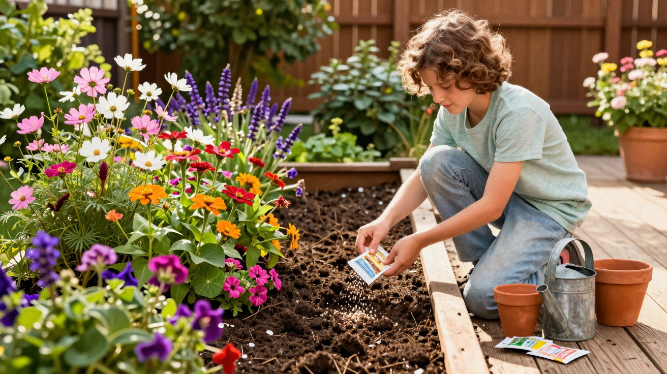 Child sowing seeds in a garden bed surrounded by colourful blooming flowers and gardening tools.