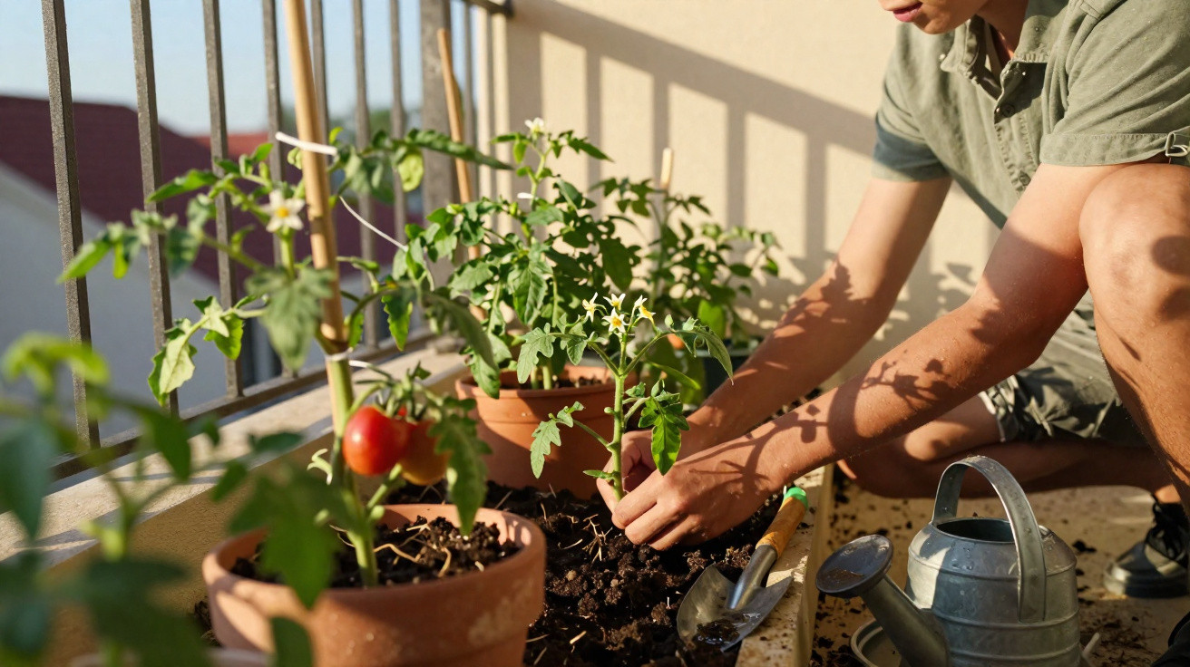 Person planting tomato seedlings in pots on a sunny balcony with gardening tools and a metal watering can nearby