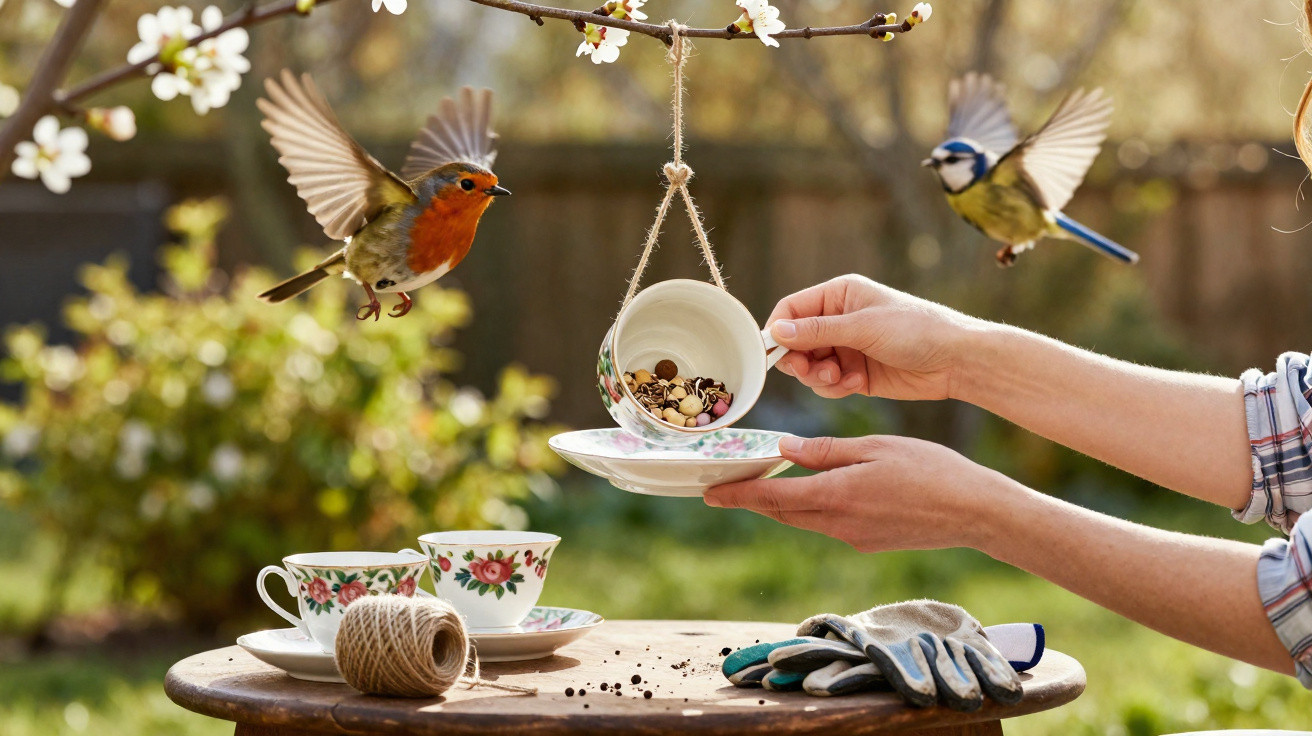 Hands holding a hanging teacup bird feeder with two birds flying near blossoming tree branches outdoors.