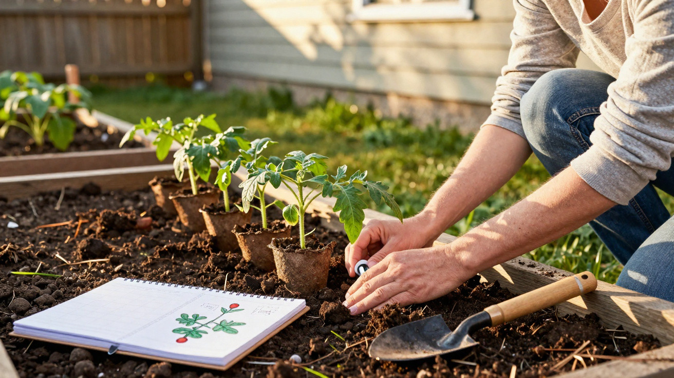 Person planting tomato seedlings in garden bed next to a sketchbook with plant drawing and gardening trowel.