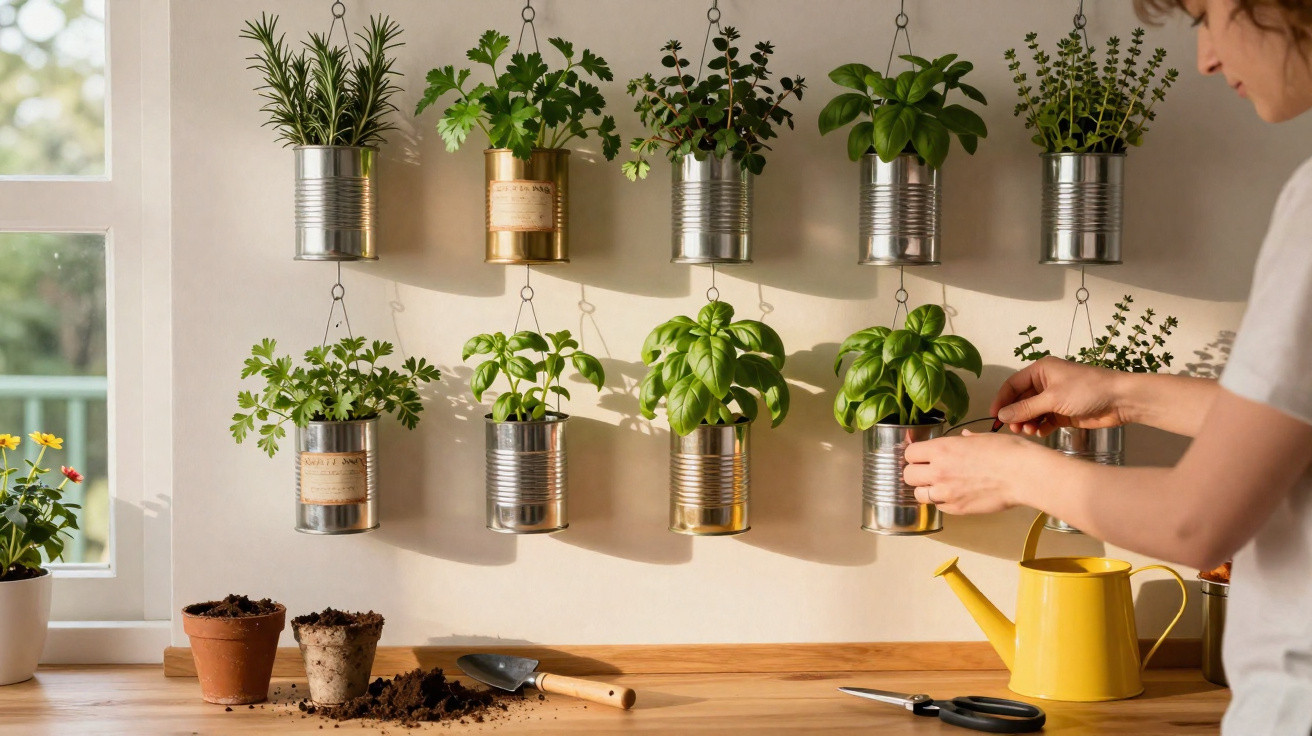 Woman tending to indoor herb garden in hanging recycled tin cans by a bright window.