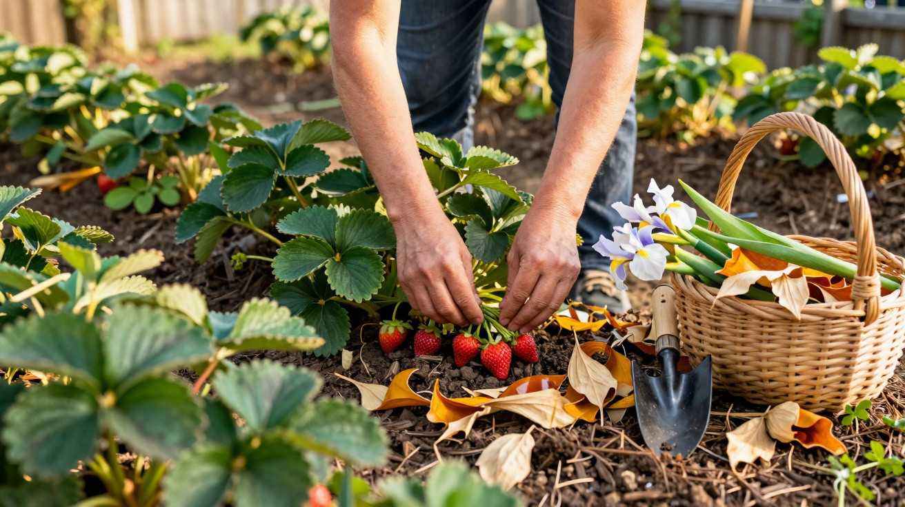 Person harvesting ripe strawberries from a garden bed with flowers and gardening tools nearby in a basket.