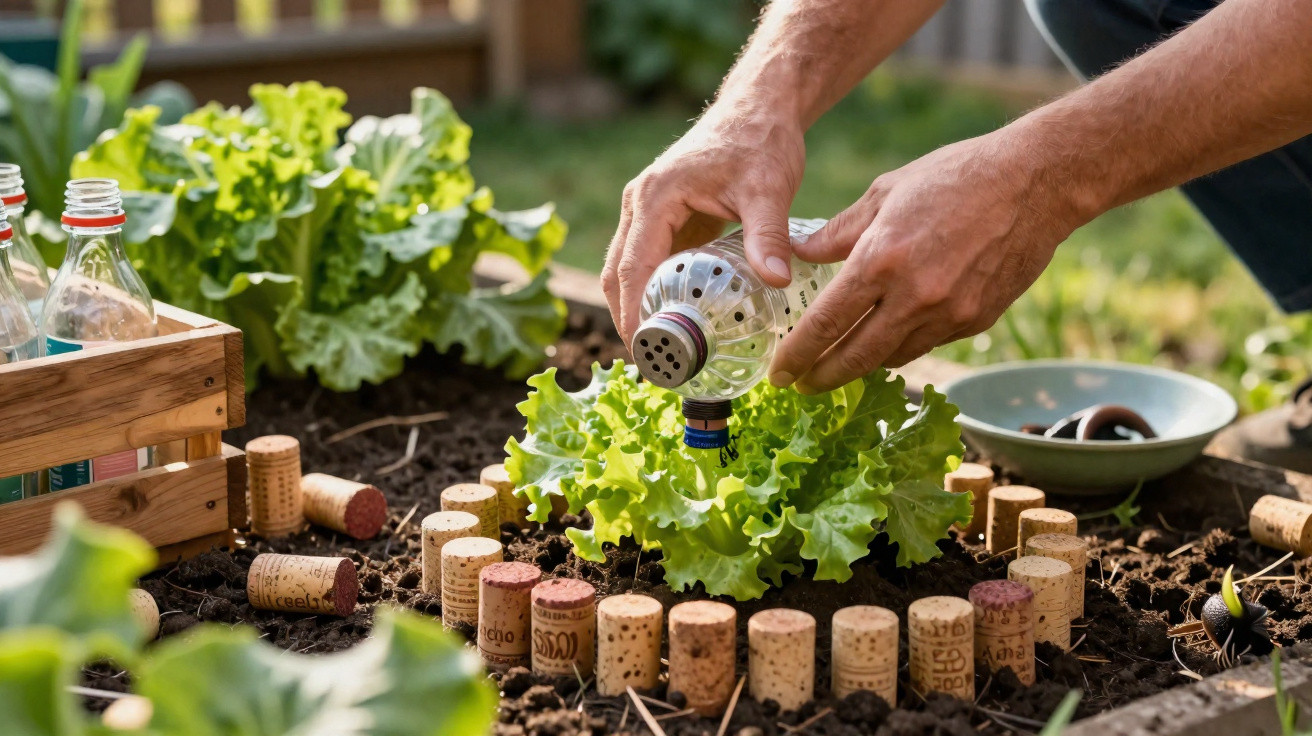 Hands watering lettuce plants in a garden bed surrounded by wine corks in daylight.