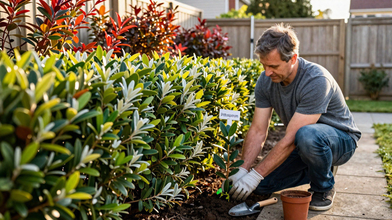 Man wearing gloves planting a Photoperum shrub in a garden next to a hedge of similar plants.