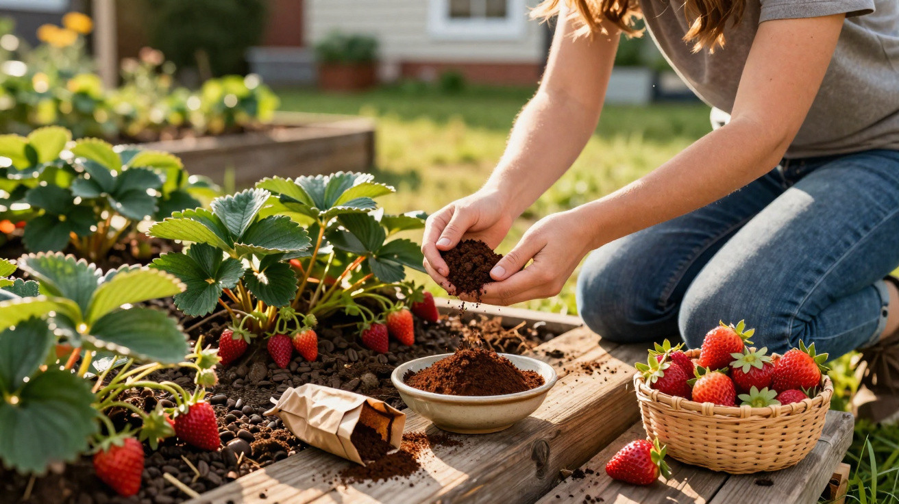 Person kneeling in a garden, adding soil to strawberry plants with ripe strawberries and a basket nearby.