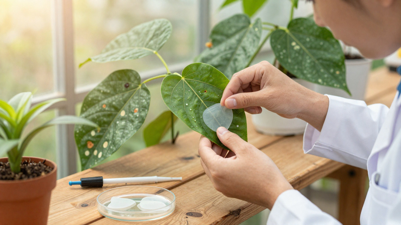 Scientist applying a transparent patch to a green leaf for plant research on a wooden table by the window.