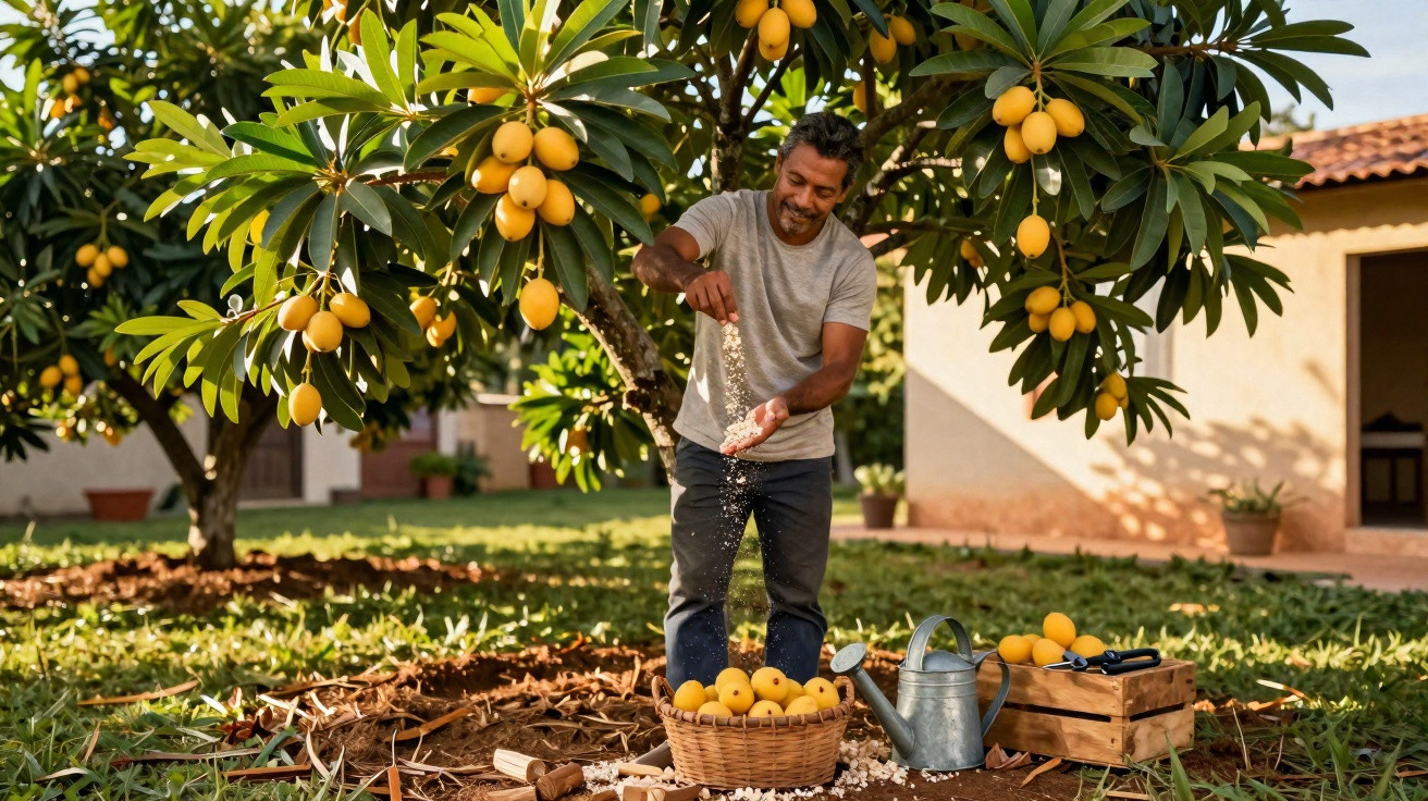 Man harvesting and shelling lucuma fruit under a tree in a sunny garden with crates and watering can nearby.