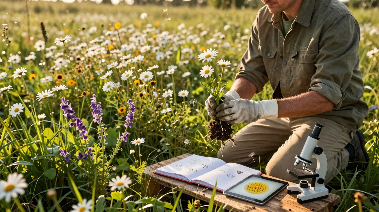 Person examining wildflowers in a field with a microscope, tablet, and notebook on a wooden bench.