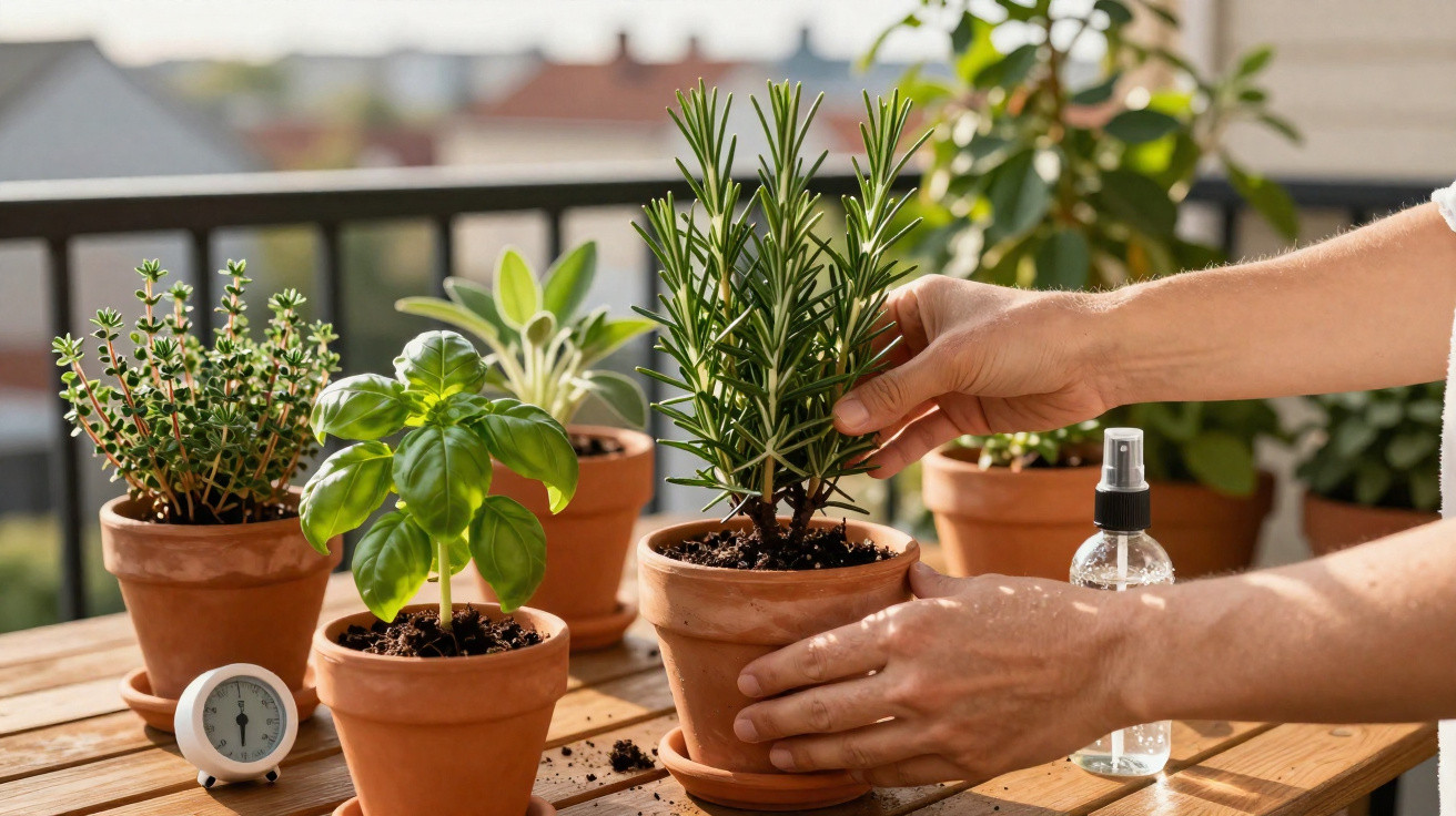 Hands tending to potted herbs including basil and rosemary on a wooden table with a small timer and spray bottle.