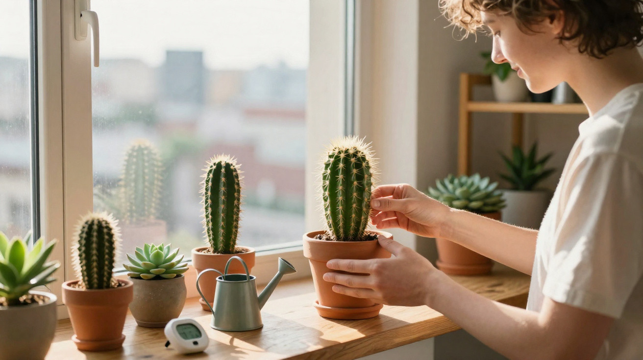 Person tending to potted cacti and succulents on a wooden windowsill with a watering can and thermometer nearby.