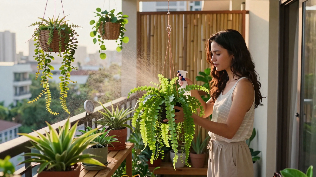 Woman spraying water on hanging fern plant on urban balcony garden in soft sunlight.