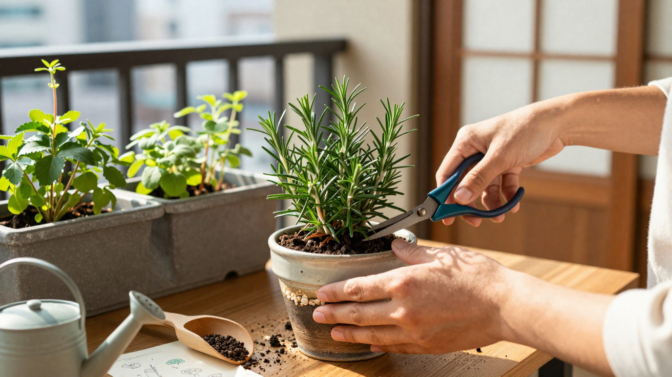 Person pruning a rosemary plant in a pot on a wooden table with other potted herbs nearby.