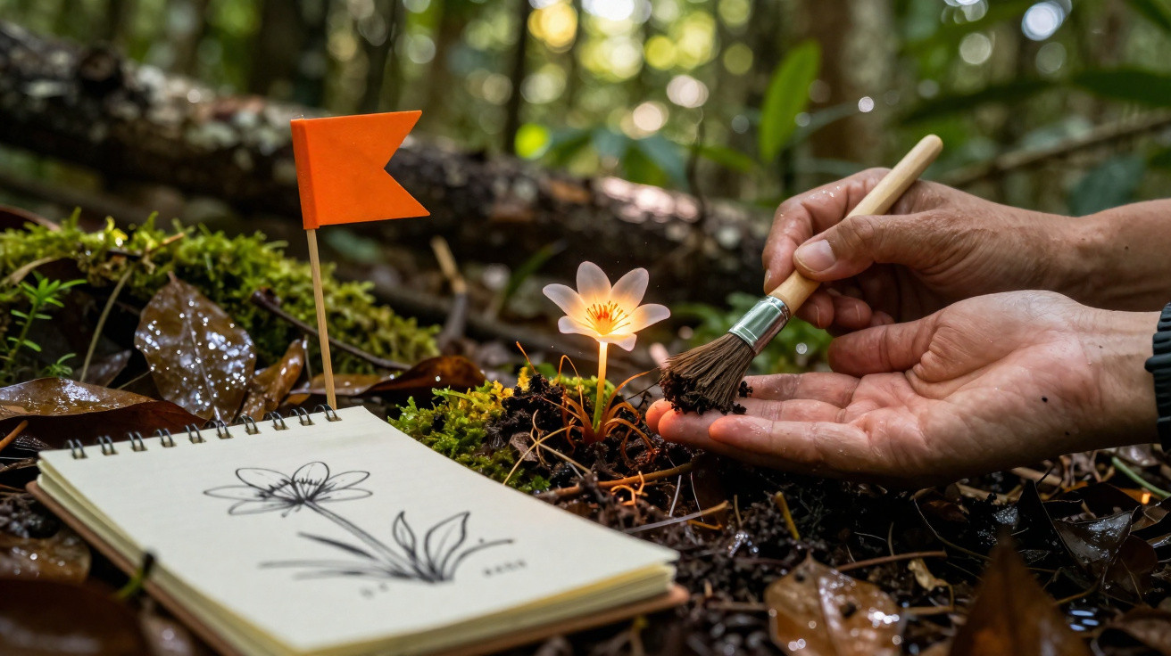 Hands painting a glowing flower in a forest next to a sketchbook with a flower drawing and a small red flag.
