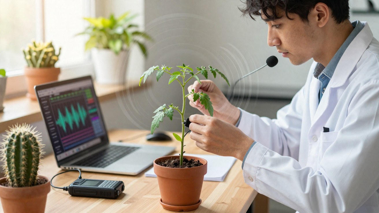 Scientist in lab coat examining potted plant with laptop and recording device on wooden desk.